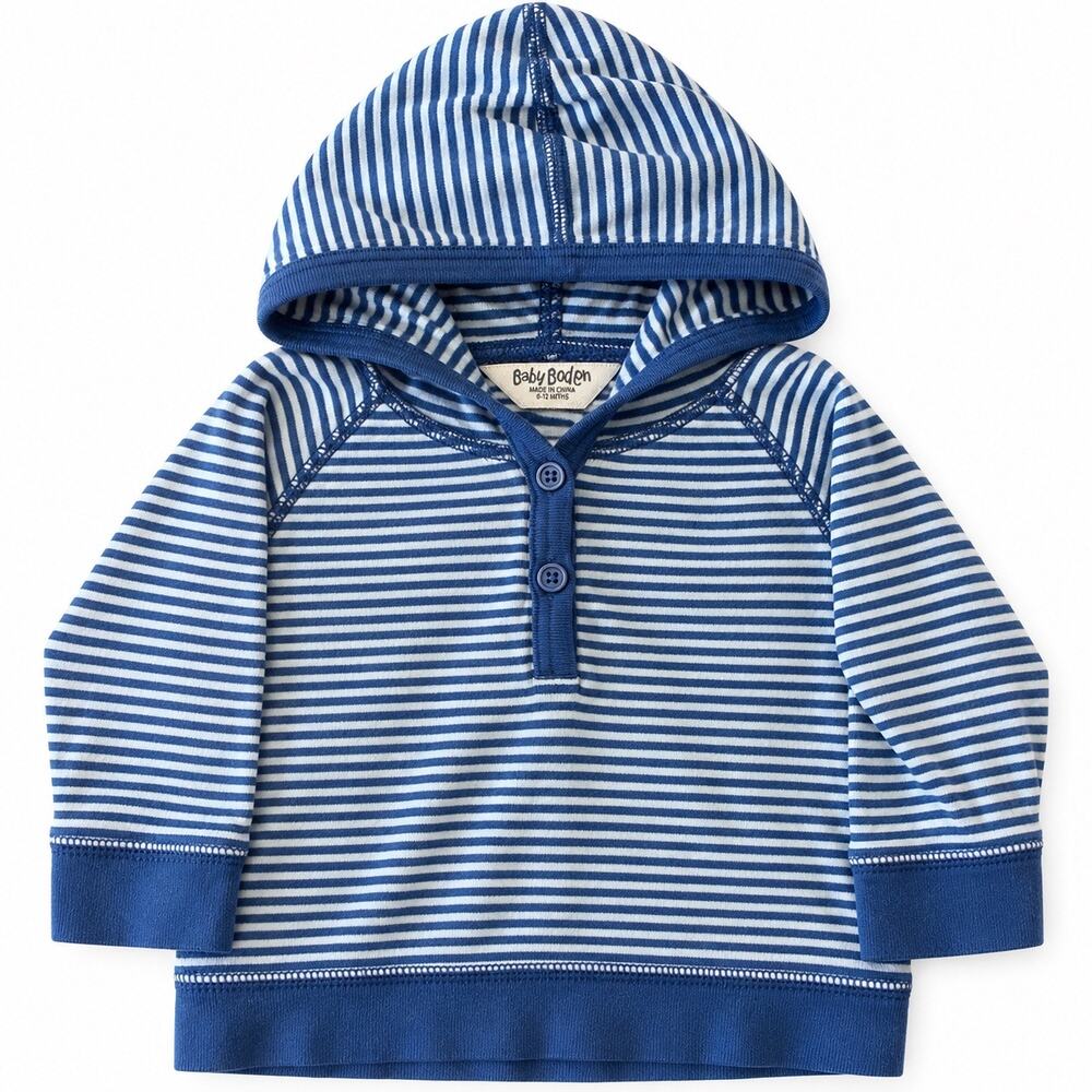 Baby Boden 6-12M Blue White Striped Hooded Pullover 100% Cotton